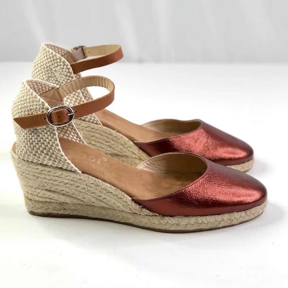Maypol Anthropologie wedge espadrilles metallic red leather toe woven heel 39